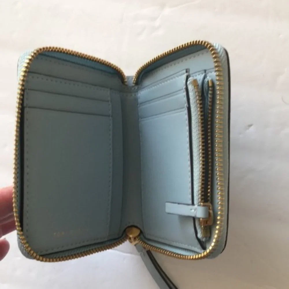 Tory Burch Britten Textured Leather Medium Blue Zip Around Wallet